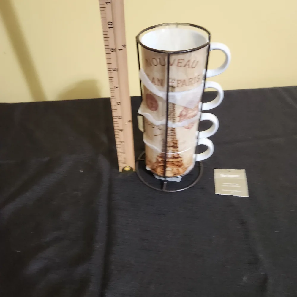 Pier 1 Eiffel Tower Mugs with Stand - Brown and White